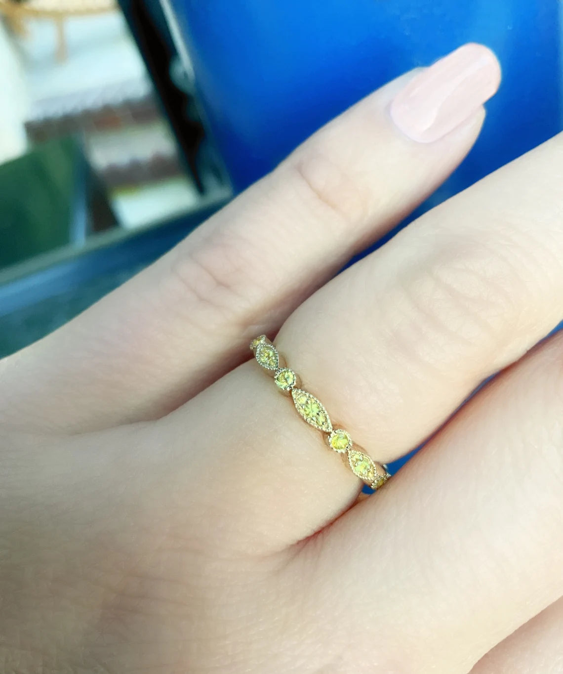 Marquise Dot Yellow Sapphire Band/ Art Deco Milgrain Bezel Yellow Sapphire Unique Stack Ring/ Sapphire Wedding, Birthstone, Anniversary Band