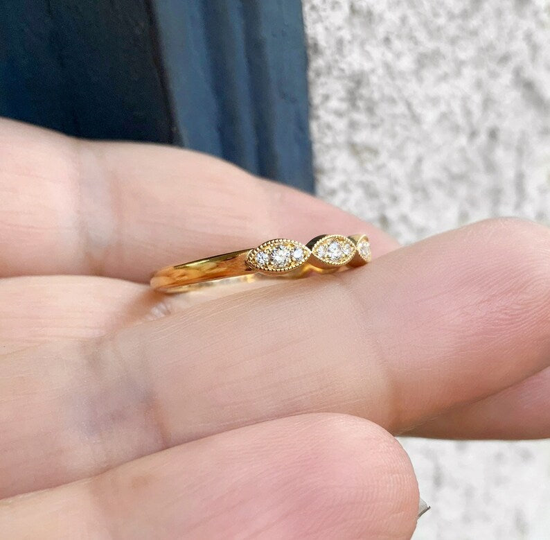 Diamond Milgrain Marquise Ring/ 3mm Half Eternity Wedding Band/ Marquise Shapes w 3 Natural Diamonds/ Unique Diamond Stacking/ Gold Platinum
