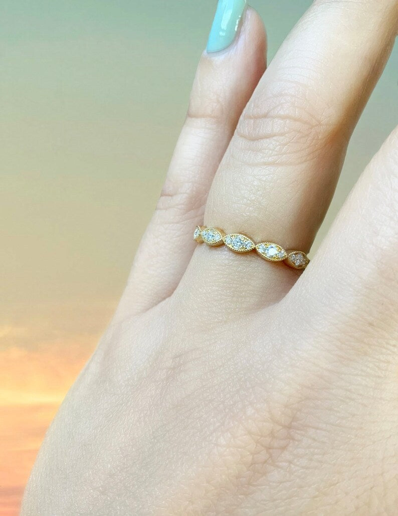 Diamond Milgrain Marquise Ring/ 3mm Half Eternity Wedding Band/ Marquise Shapes w 3 Natural Diamonds/ Unique Diamond Stacking/ Gold Platinum