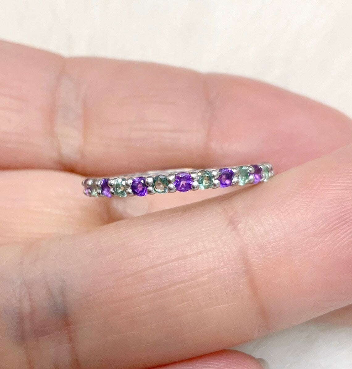 Amethyst Alexandrite Ring/ 2mm Half Eternity Alternating Alexandrite Amethyst Wedding Band/ Shared Prong February June Birthstone Ring