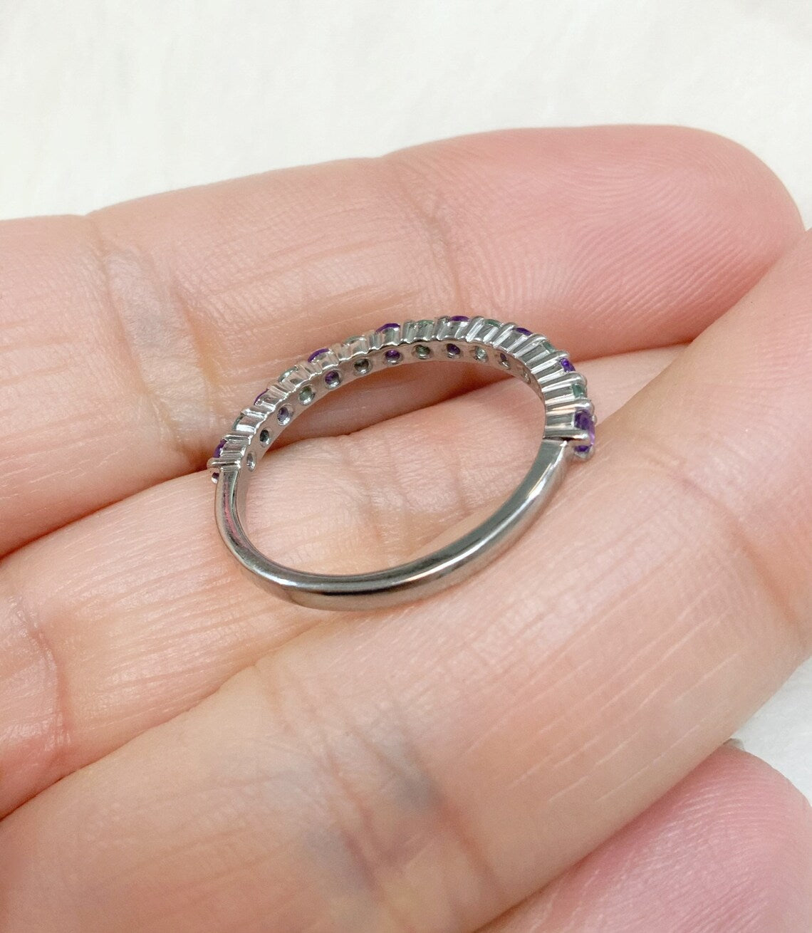 Amethyst Alexandrite Ring/ 2mm Half Eternity Alternating Alexandrite Amethyst Wedding Band/ Shared Prong February June Birthstone Ring