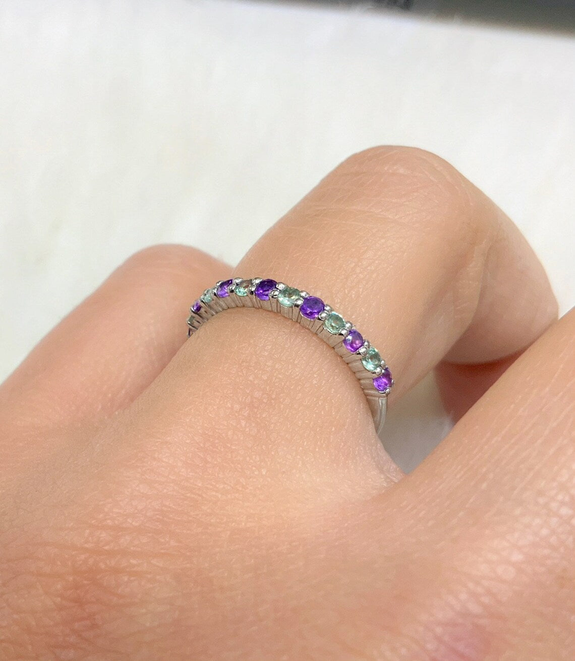 Amethyst Alexandrite Ring/ 2mm Half Eternity Alternating Alexandrite Amethyst Wedding Band/ Shared Prong February June Birthstone Ring