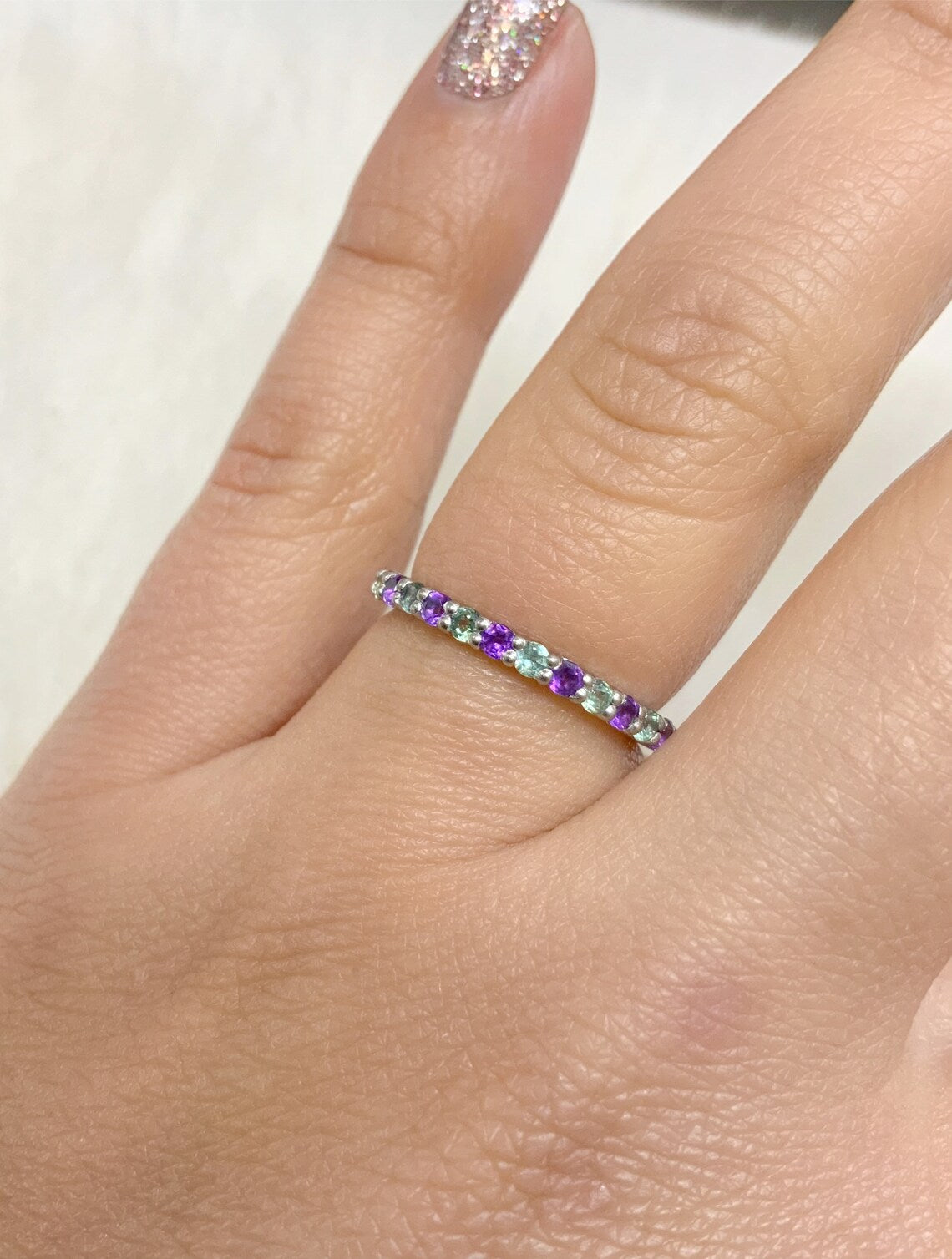 Amethyst Alexandrite Ring/ 2mm Half Eternity Alternating Alexandrite Amethyst Wedding Band/ Shared Prong February June Birthstone Ring