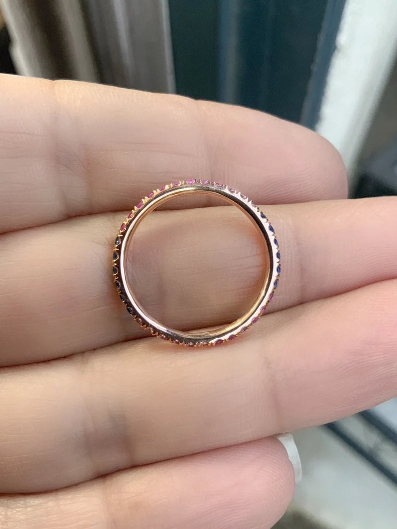 Blue Pink Sapphire Pave Band/ 2mm Full Eternity Ombré Pink Sapphire & Blue Sapphire Stacking Ring/ Mix Color Sapphire Band/ Gold or Platinum