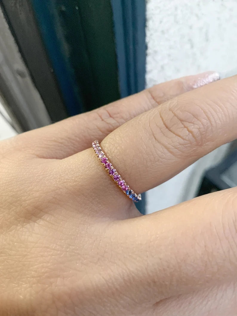 Blue Pink Sapphire Pave Band/ 2mm Full Eternity Ombré Pink Sapphire & Blue Sapphire Stacking Ring/ Mix Color Sapphire Band/ Gold or Platinum