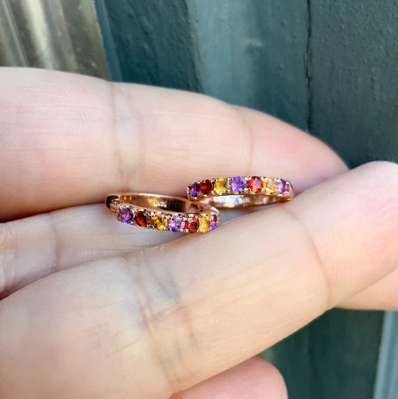 Pave Huggie/ Alternating Amethyst, Citrine, Garnet Pave Hoop/ 15mm Hoop Earring/ 3 Birthstone Small Hoop/ Single OR Pair, Gold or Platinum
