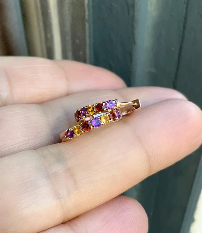 Pave Huggie/ Alternating Amethyst, Citrine, Garnet Pave Hoop/ 15mm Hoop Earring/ 3 Birthstone Small Hoop/ Single OR Pair, Gold or Platinum