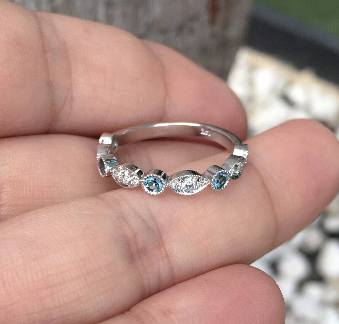 Marquise Dot Diamond London Blue Topaz 3 MM Ring/ Blue Topaz Diamond Alternating Milgrain Band/ Unique Vintage Wedding Guard Stack 3 MM Ring