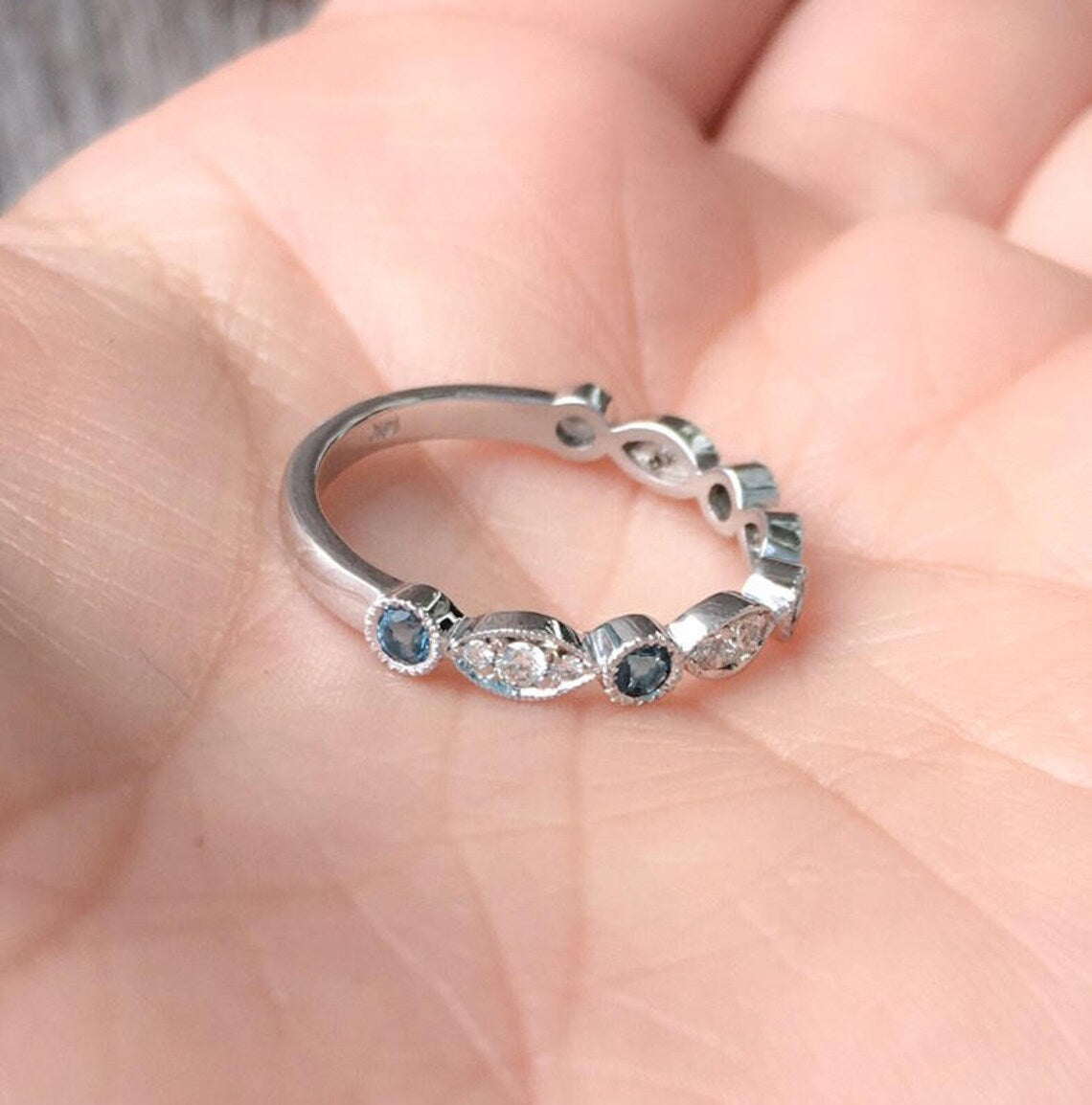 Marquise Dot Diamond London Blue Topaz 3 MM Ring/ Blue Topaz Diamond Alternating Milgrain Band/ Unique Vintage Wedding Guard Stack 3 MM Ring