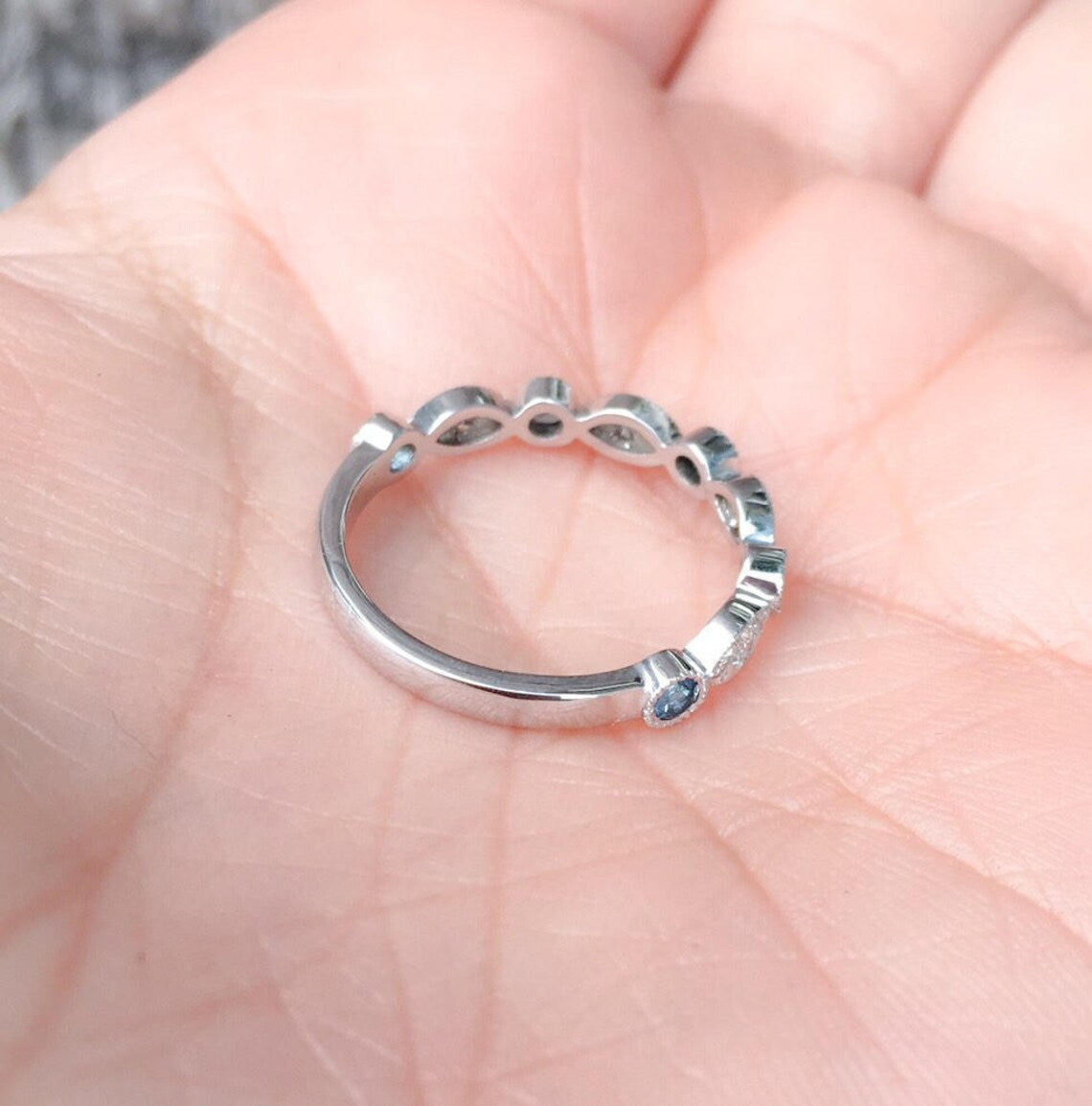 Marquise Dot Diamond London Blue Topaz 3 MM Ring/ Blue Topaz Diamond Alternating Milgrain Band/ Unique Vintage Wedding Guard Stack 3 MM Ring