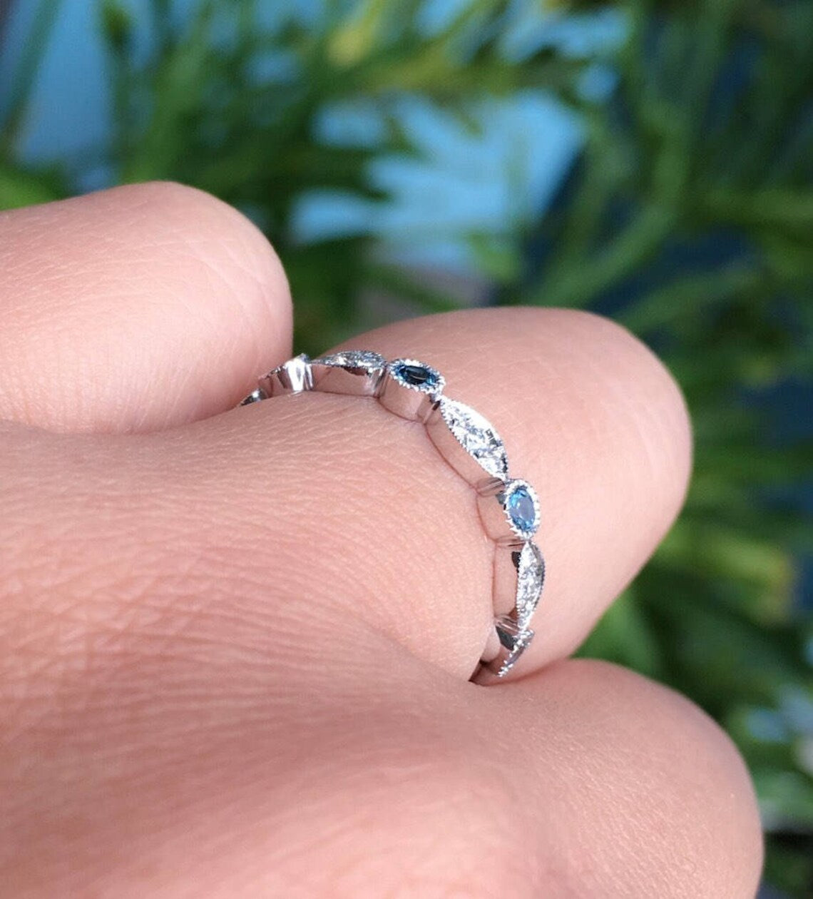 Marquise Dot Diamond London Blue Topaz 3 MM Ring/ Blue Topaz Diamond Alternating Milgrain Band/ Unique Vintage Wedding Guard Stack 3 MM Ring