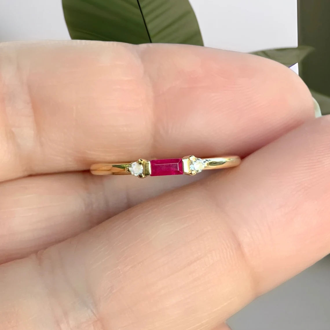 Dainty Ruby Diamond 3 Stone Ring/ Delicate Horizontal Baguette Ruby Mothers Ring/ July Birthstone Minimalist Stacking/ Simple Promise Ring