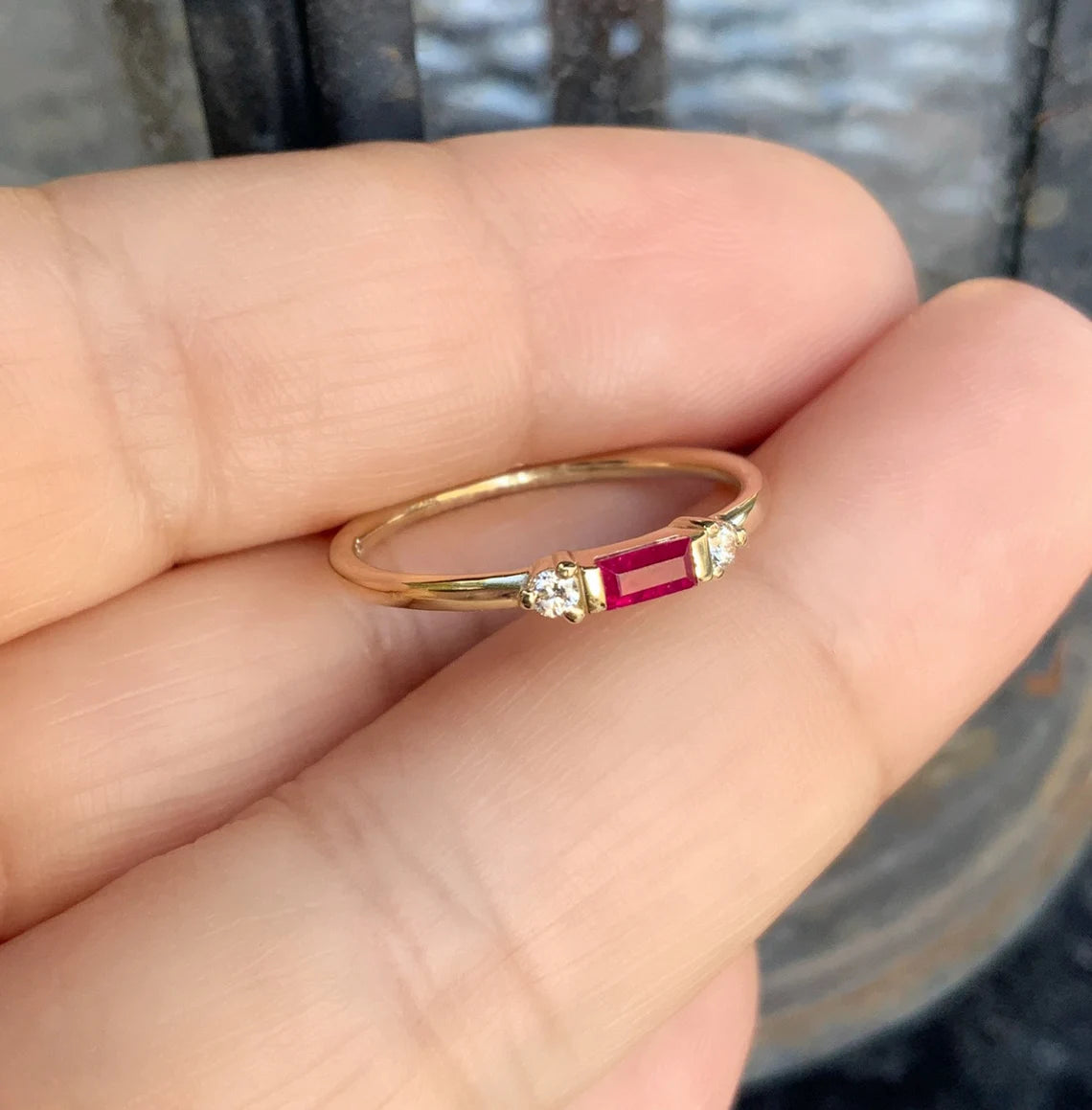 Dainty Ruby Diamond 3 Stone Ring/ Delicate Horizontal Baguette Ruby Mothers Ring/ July Birthstone Minimalist Stacking/ Simple Promise Ring