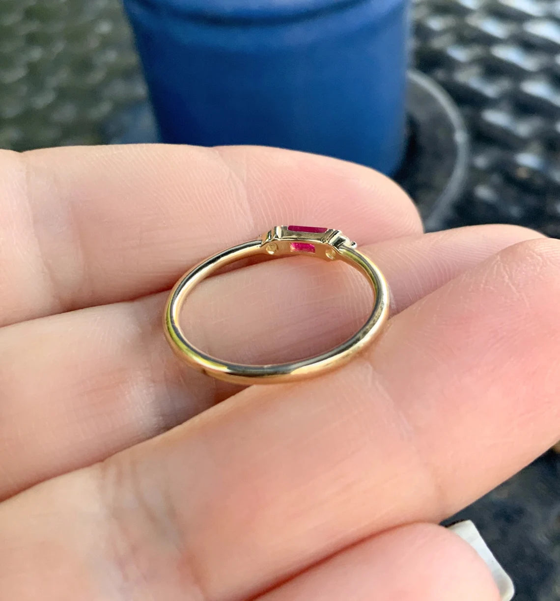 Dainty Ruby Diamond 3 Stone Ring/ Delicate Horizontal Baguette Ruby Mothers Ring/ July Birthstone Minimalist Stacking/ Simple Promise Ring