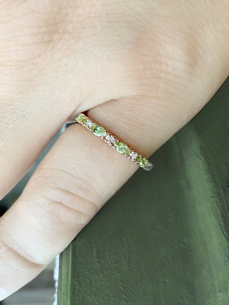 Peridot Diamond Band/ Alternating Marquise Peridot Half Eternity Stacking Ring/ August Birthstone Wedding Anniversary Ring/ Push Present