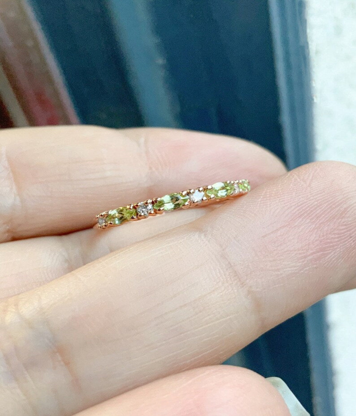 Peridot Diamond Band/ Alternating Marquise Peridot Half Eternity Stacking Ring/ August Birthstone Wedding Anniversary Ring/ Push Present