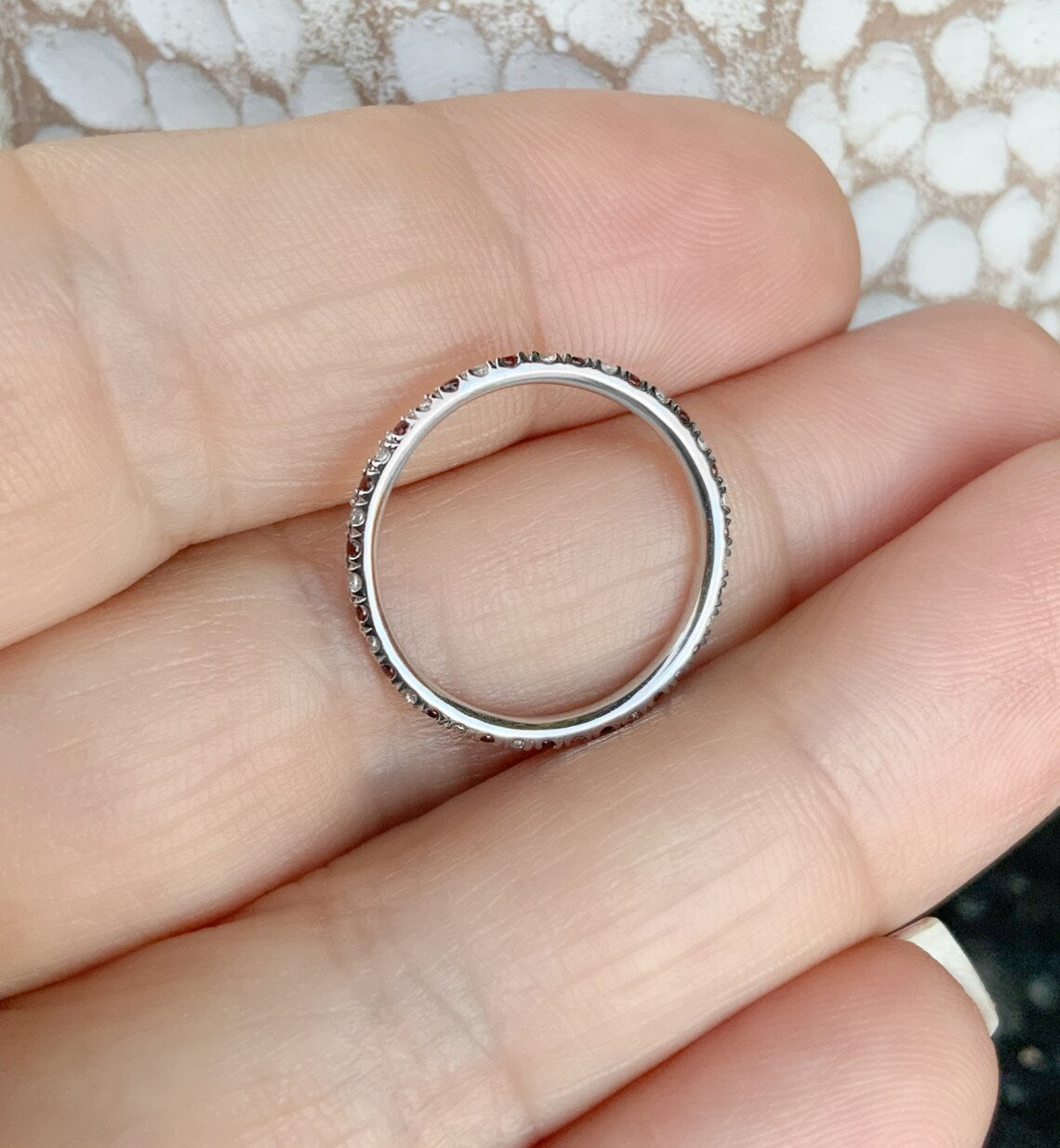 Garnet Diamond Ring/ 1.5mm Alternating Pave Full Eternity Wedding Band/ Garnet Diamond Anniversary Stack Ring/ January April Birthstone Band