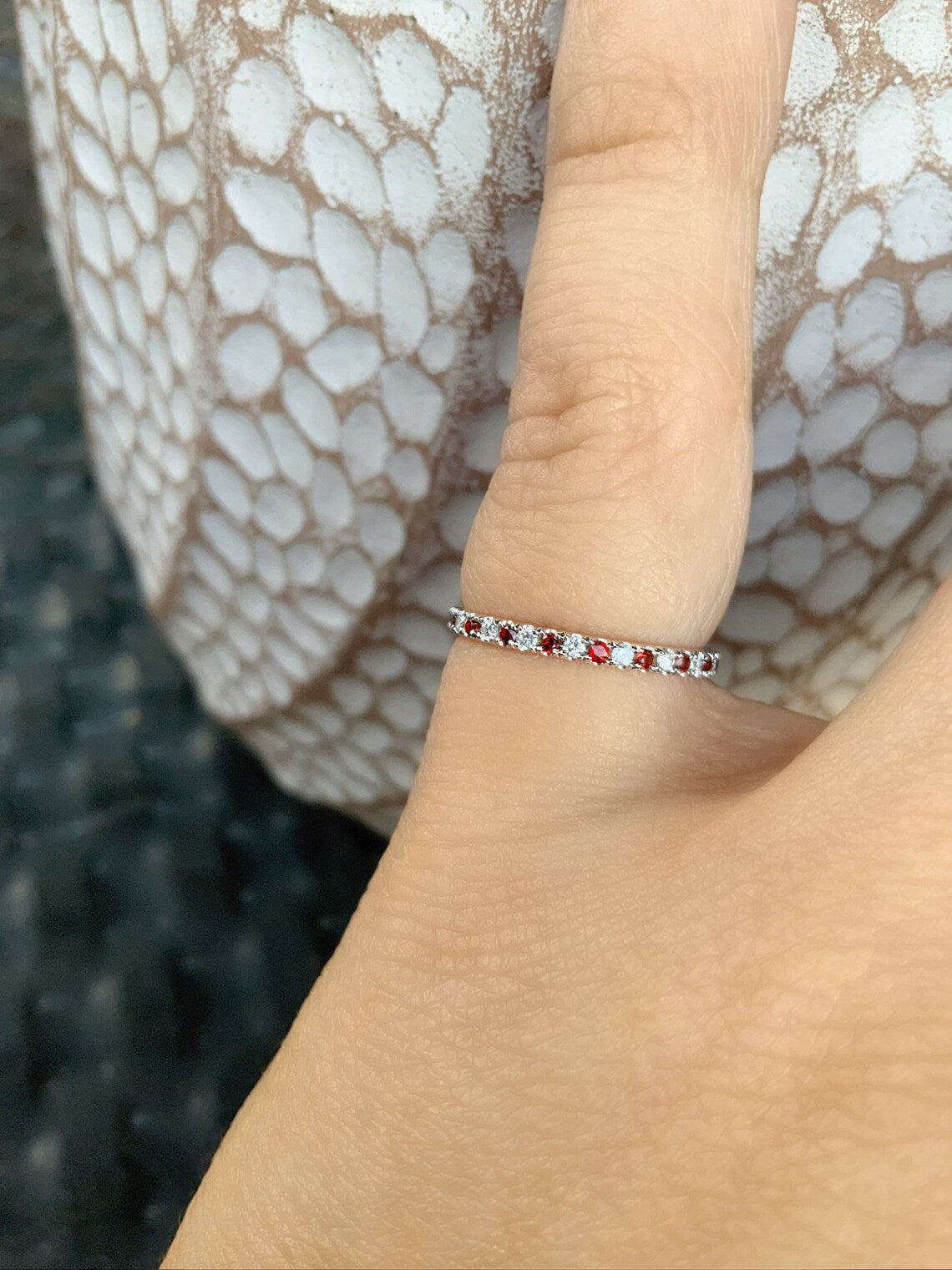 Garnet Diamond Ring/ 1.5mm Alternating Pave Full Eternity Wedding Band/ Garnet Diamond Anniversary Stack Ring/ January April Birthstone Band