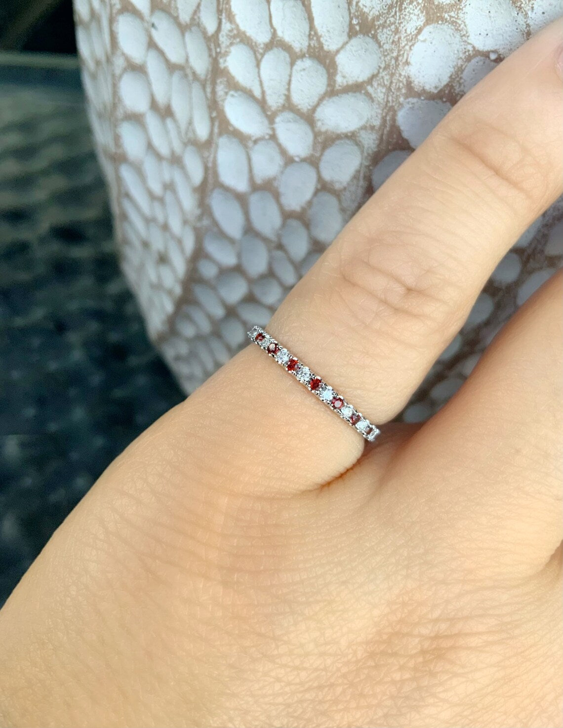 Garnet Diamond Ring/ 1.5mm Alternating Pave Full Eternity Wedding Band/ Garnet Diamond Anniversary Stack Ring/ January April Birthstone Band