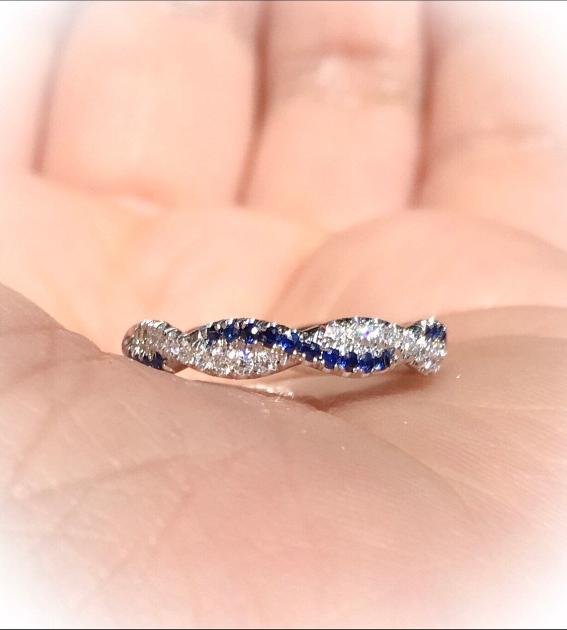 Half Eternity Sapphire and Diamond Twist Ring Pave/ Delicate Intertwined Diamond & Blue Sapphire Band/ Wedding Anniversary Wave Ring Stack