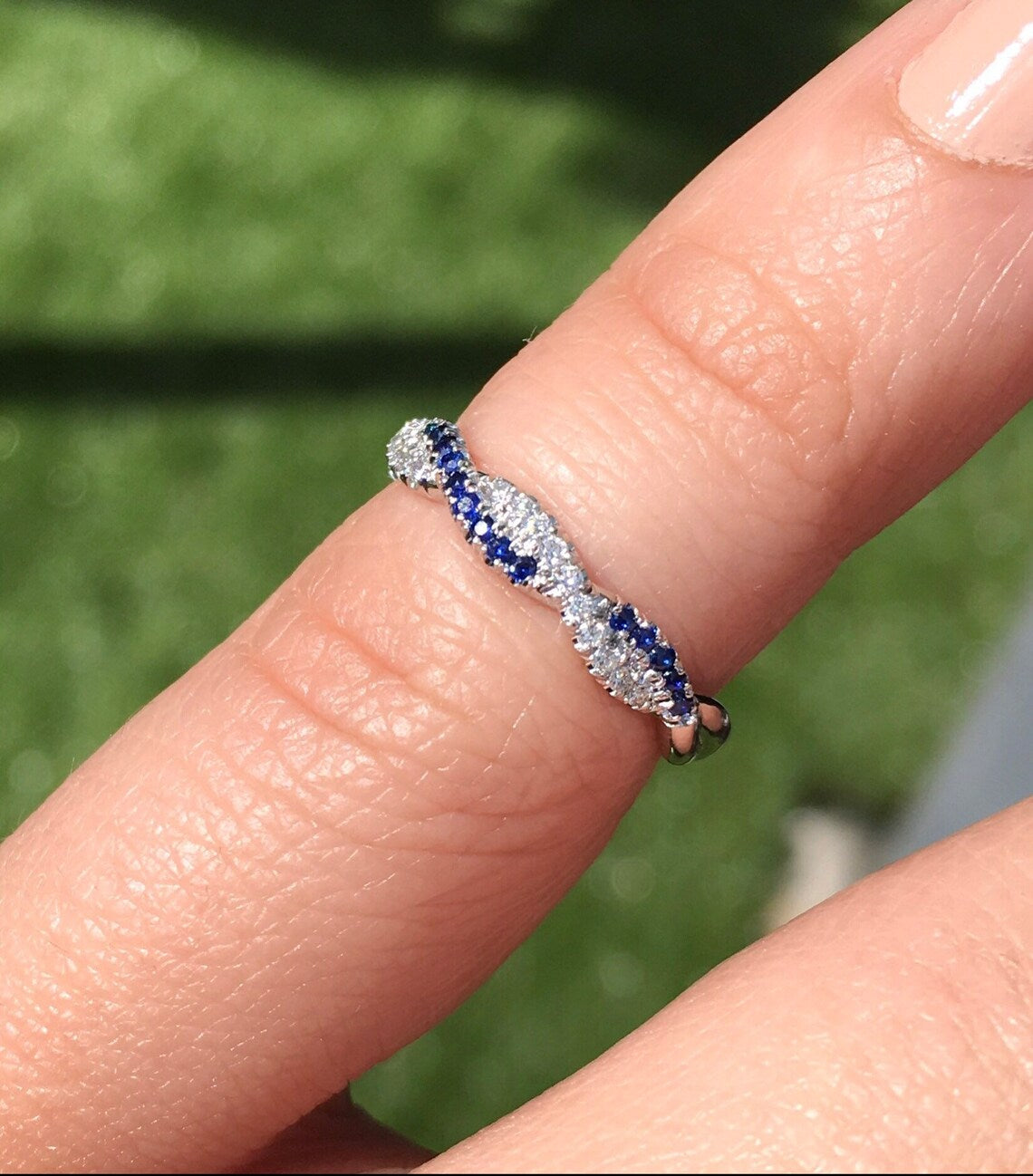 Half Eternity Sapphire and Diamond Twist Ring Pave/ Delicate Intertwined Diamond & Blue Sapphire Band/ Wedding Anniversary Wave Ring Stack