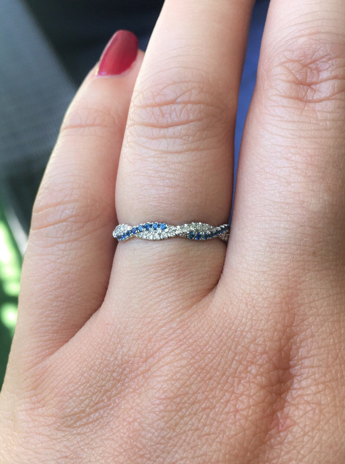 Half Eternity Sapphire and Diamond Twist Ring Pave/ Delicate Intertwined Diamond & Blue Sapphire Band/ Wedding Anniversary Wave Ring Stack