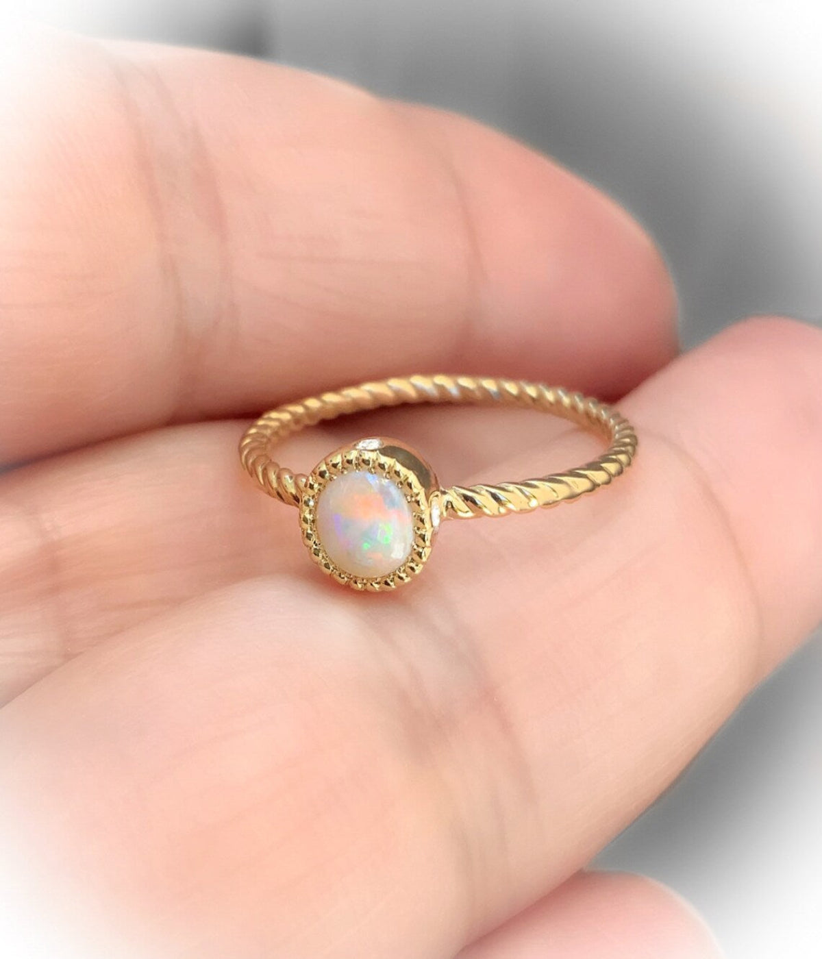 Opal Promise Ring/ 5mm Natural Opal in Milgrain Bezel with 4 Diamonds on Twisted Gold or Platinum Wire Band/ Opal Engagement Solitaire Ring