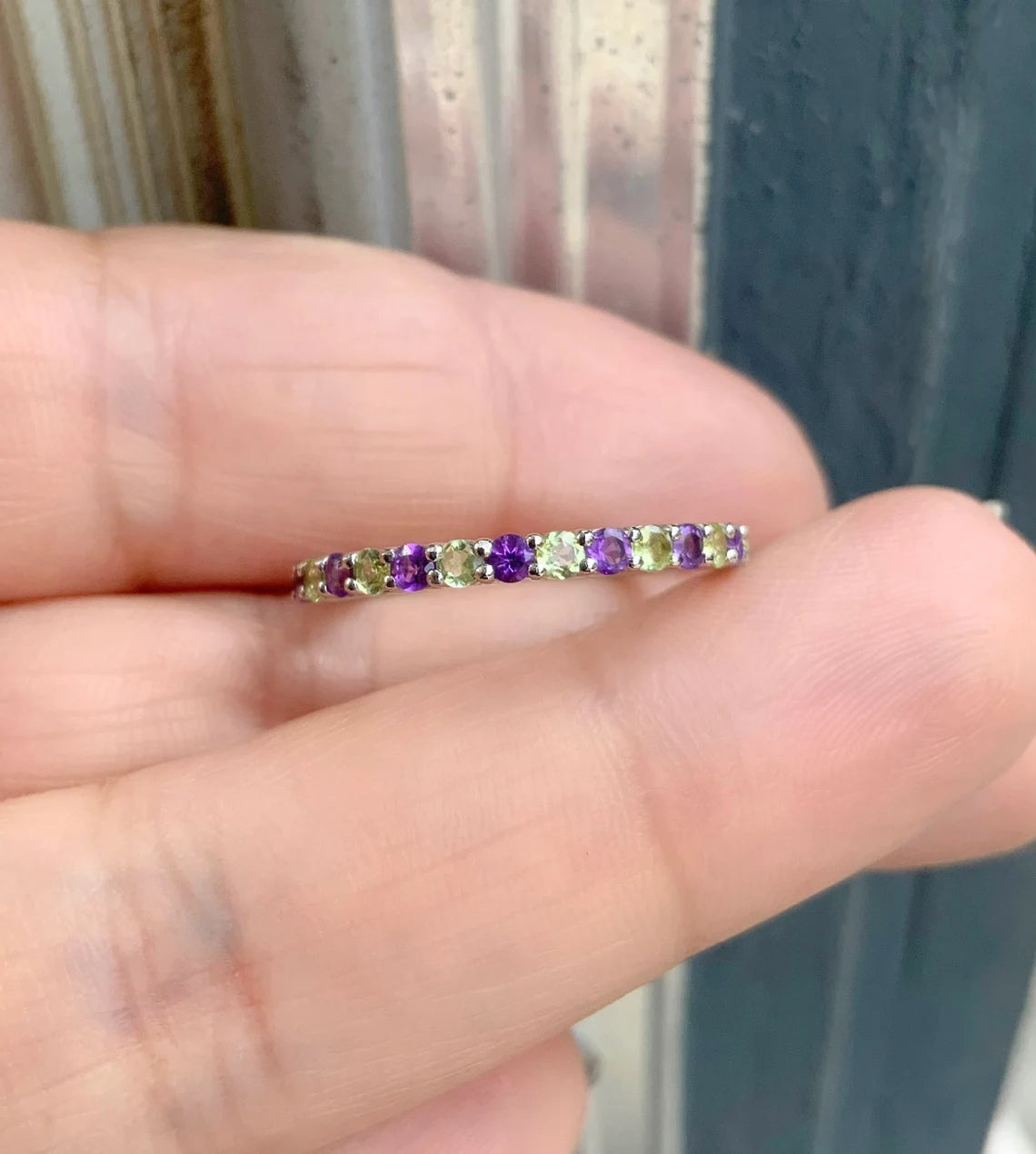Amethyst Peridot Half Eternity Band/ 2mm Alternating Peridot Amethyst Shared Prong Wedding Band/ February August 2 Birthstone Stacking Ring