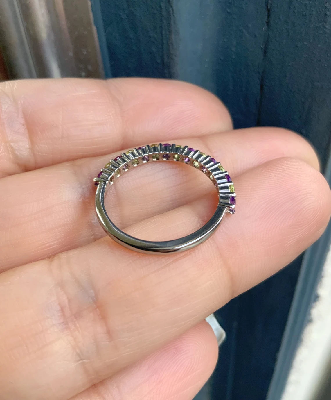 Amethyst Peridot Half Eternity Band/ 2mm Alternating Peridot Amethyst Shared Prong Wedding Band/ February August 2 Birthstone Stacking Ring