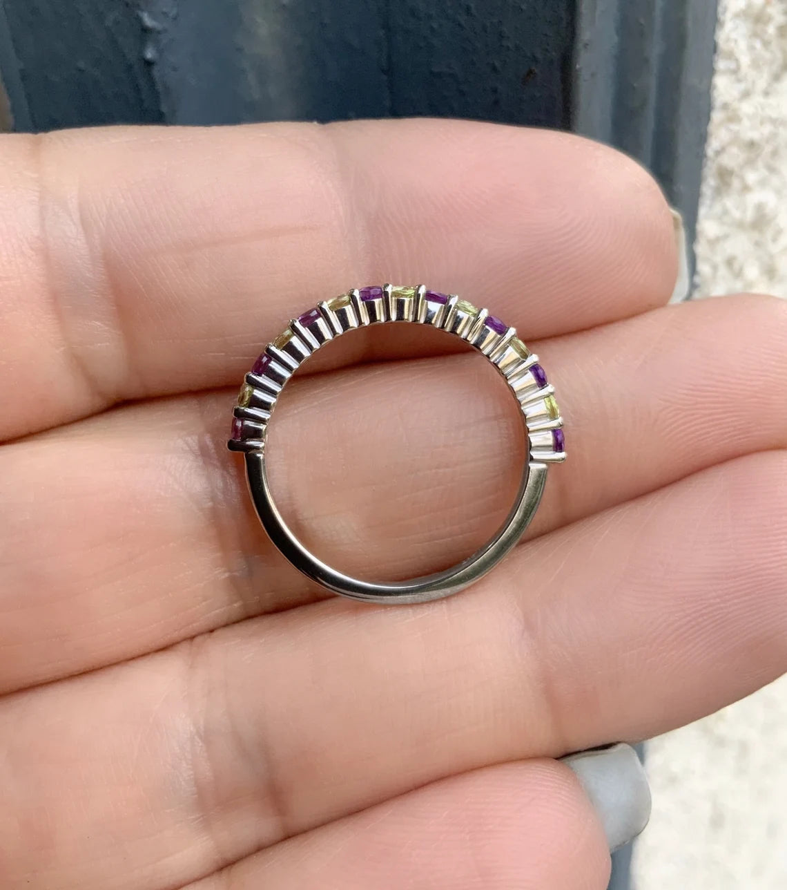 Amethyst Peridot Half Eternity Band/ 2mm Alternating Peridot Amethyst Shared Prong Wedding Band/ February August 2 Birthstone Stacking Ring