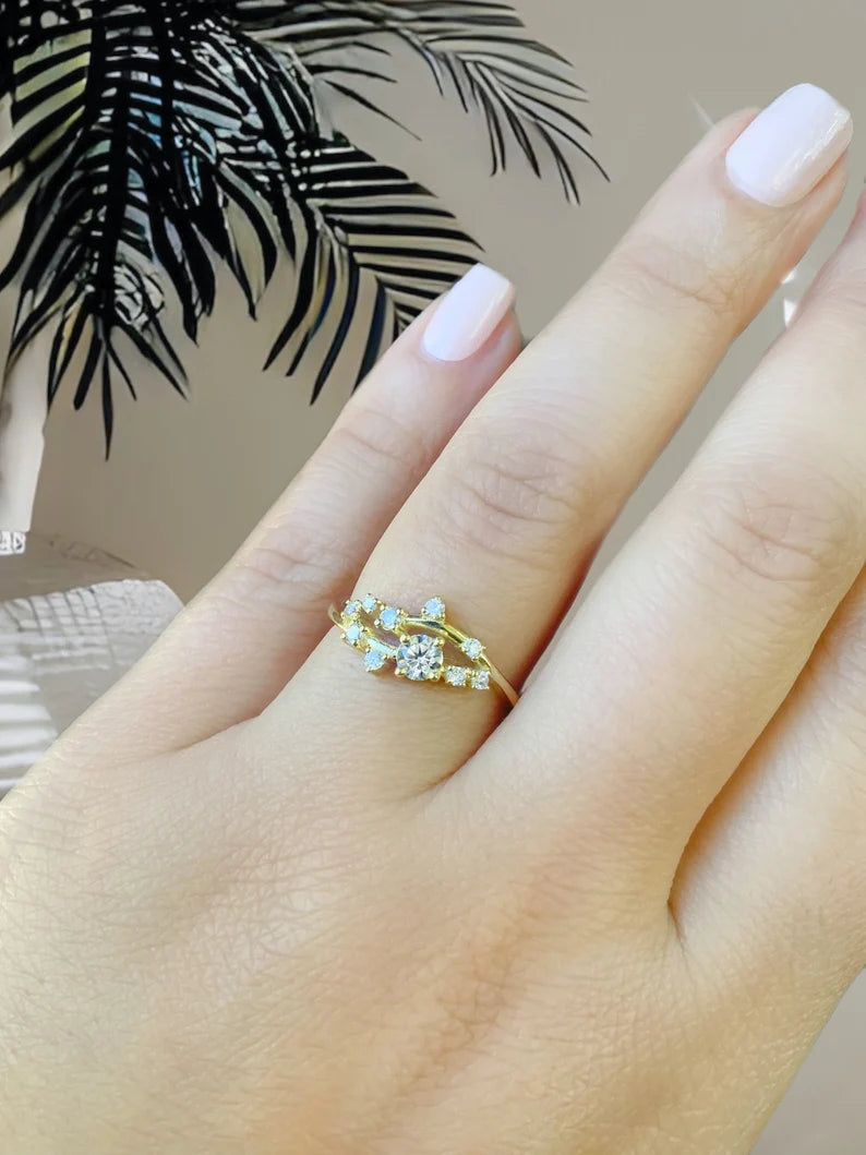 Scattered Diamond Ring/ Mix Size Diamond Cluster Ring/ Nature Inspired Floral Twig Ring/ Diamond Burst Ring/ Mother's Day Jewelry 14K or 18K