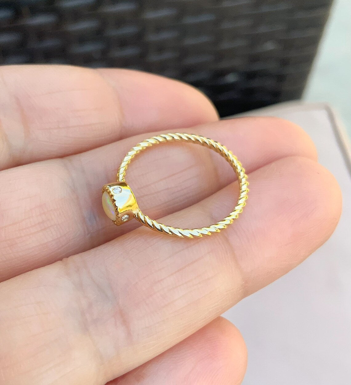 Opal Promise Ring/ 5mm Natural Opal in Milgrain Bezel with 4 Diamonds on Twisted Gold or Platinum Wire Band/ Opal Engagement Solitaire Ring