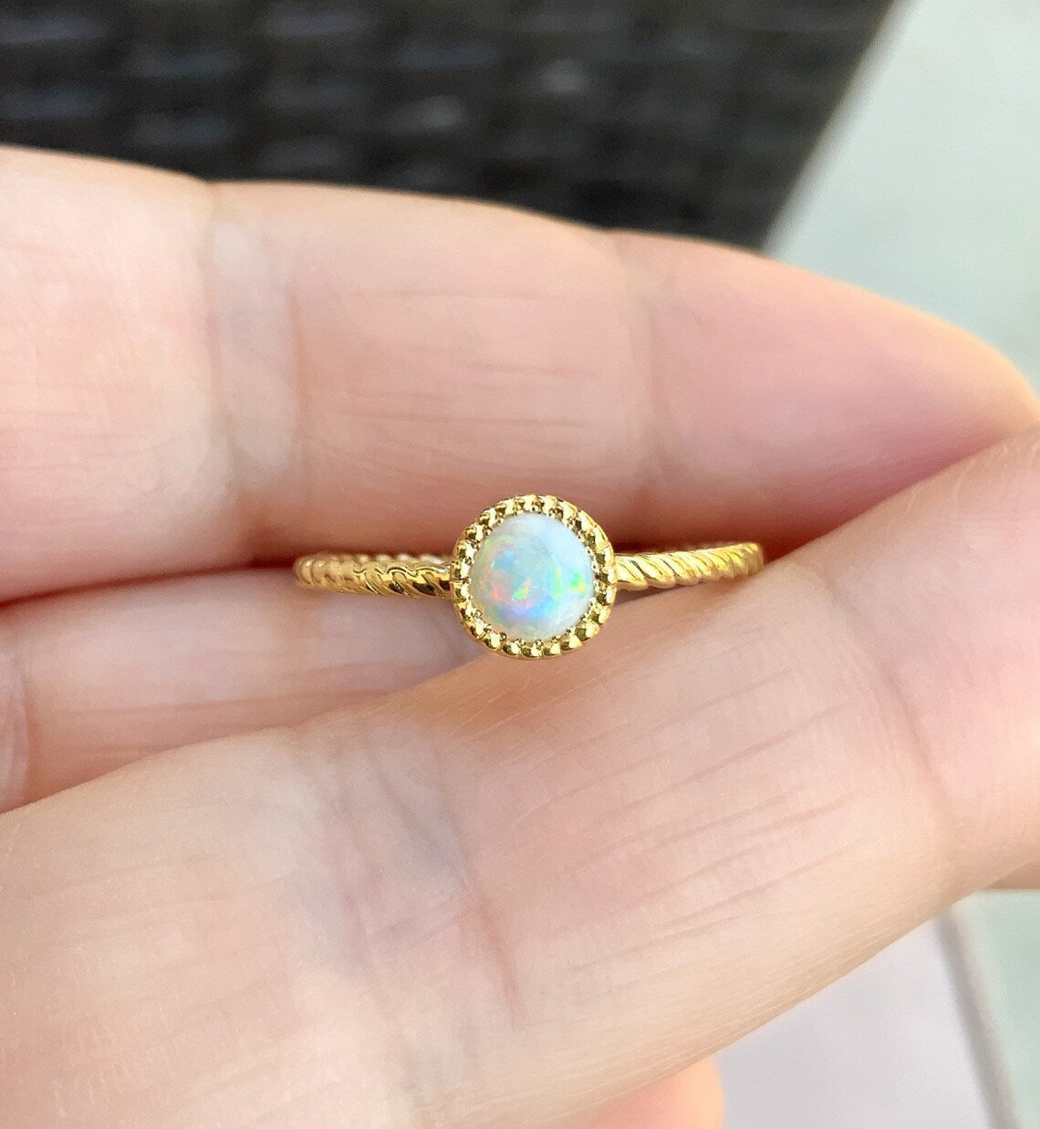 Opal Promise Ring/ 5mm Natural Opal in Milgrain Bezel with 4 Diamonds on Twisted Gold or Platinum Wire Band/ Opal Engagement Solitaire Ring