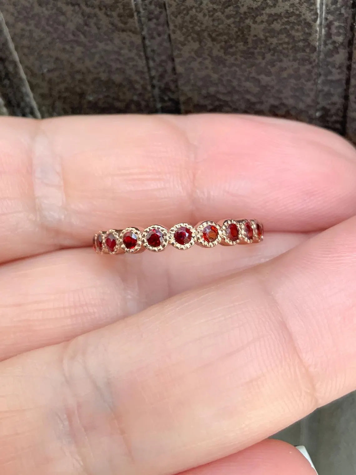 Solid Gold Garnet Stacking Ring - 3mm Milgrain Bezel Half Eternity Band (January Birthstone)
