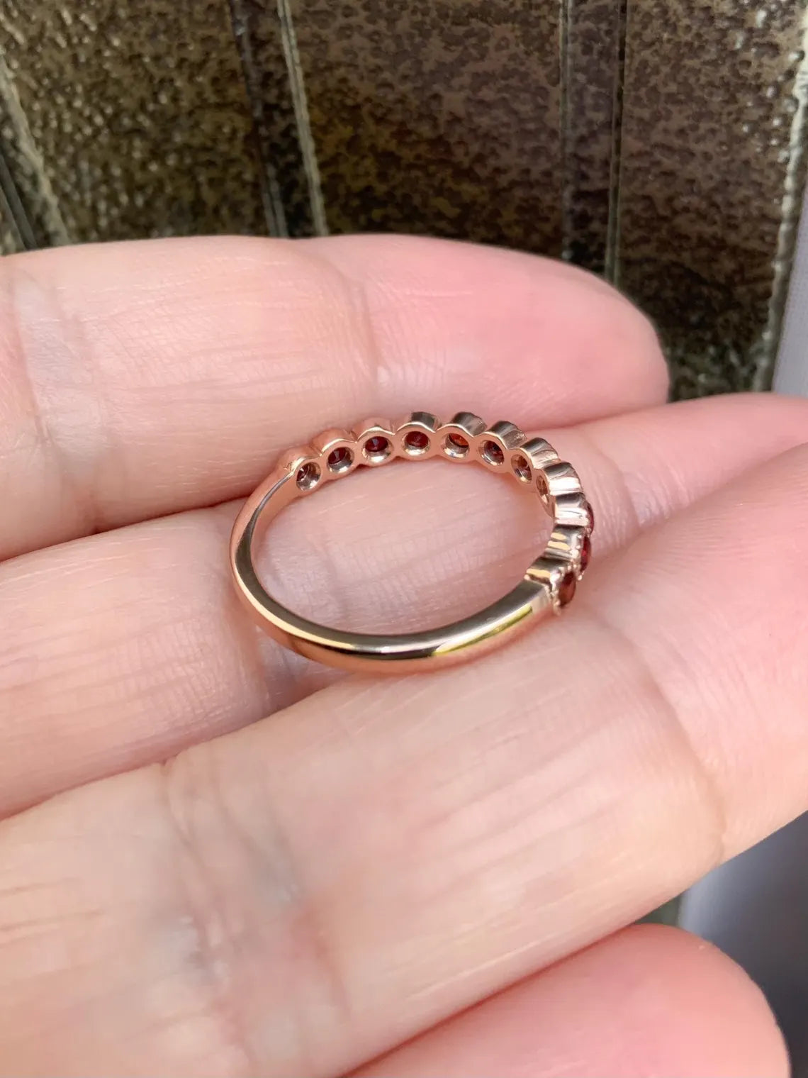 Solid Gold Garnet Stacking Ring - 3mm Milgrain Bezel Half Eternity Band (January Birthstone)