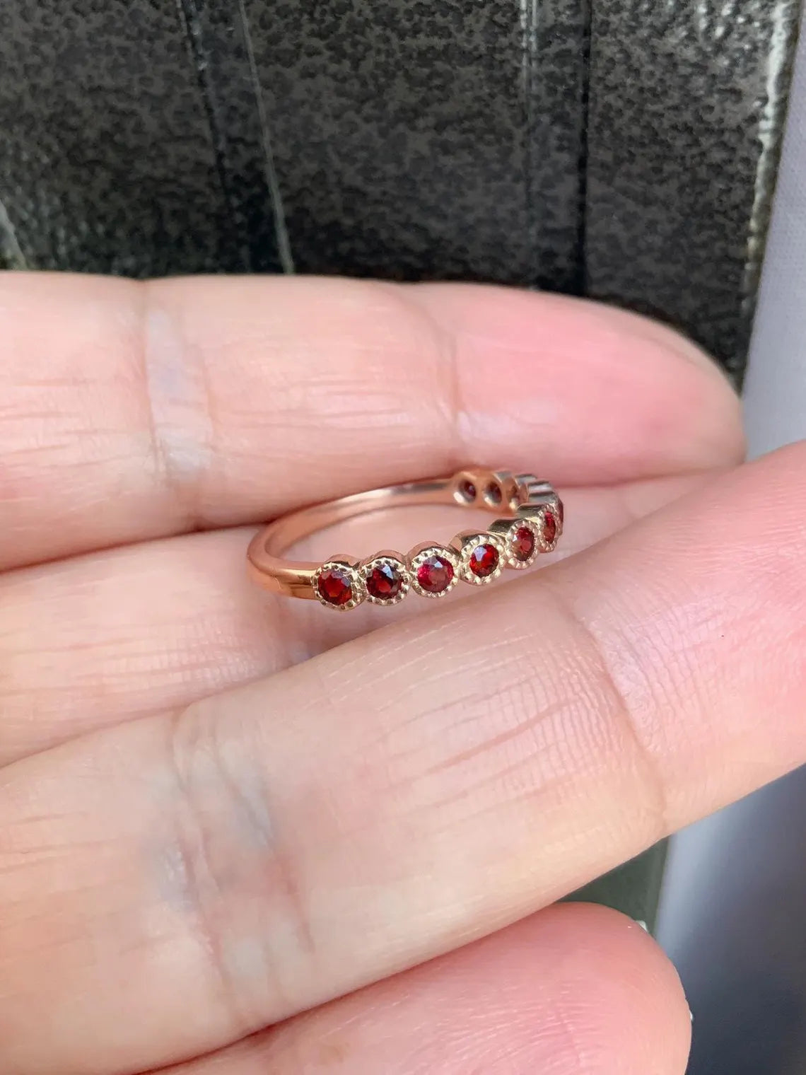 Solid Gold Garnet Stacking Ring - 3mm Milgrain Bezel Half Eternity Band (January Birthstone)