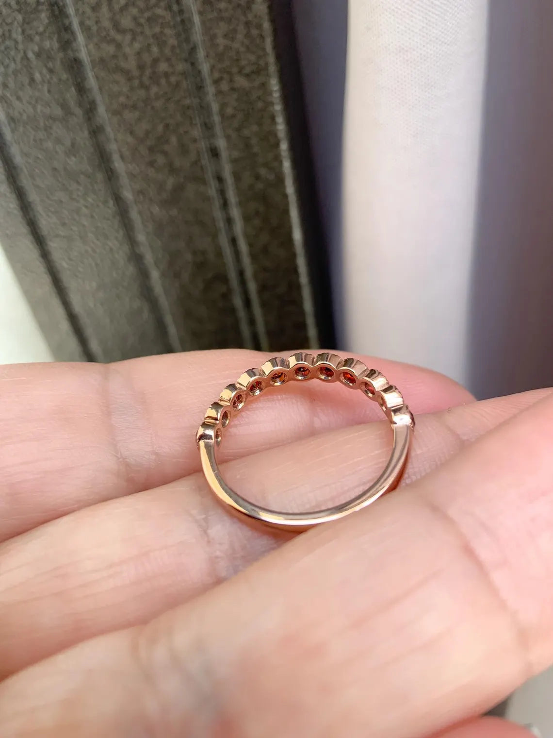 Solid Gold Garnet Stacking Ring - 3mm Milgrain Bezel Half Eternity Band (January Birthstone)