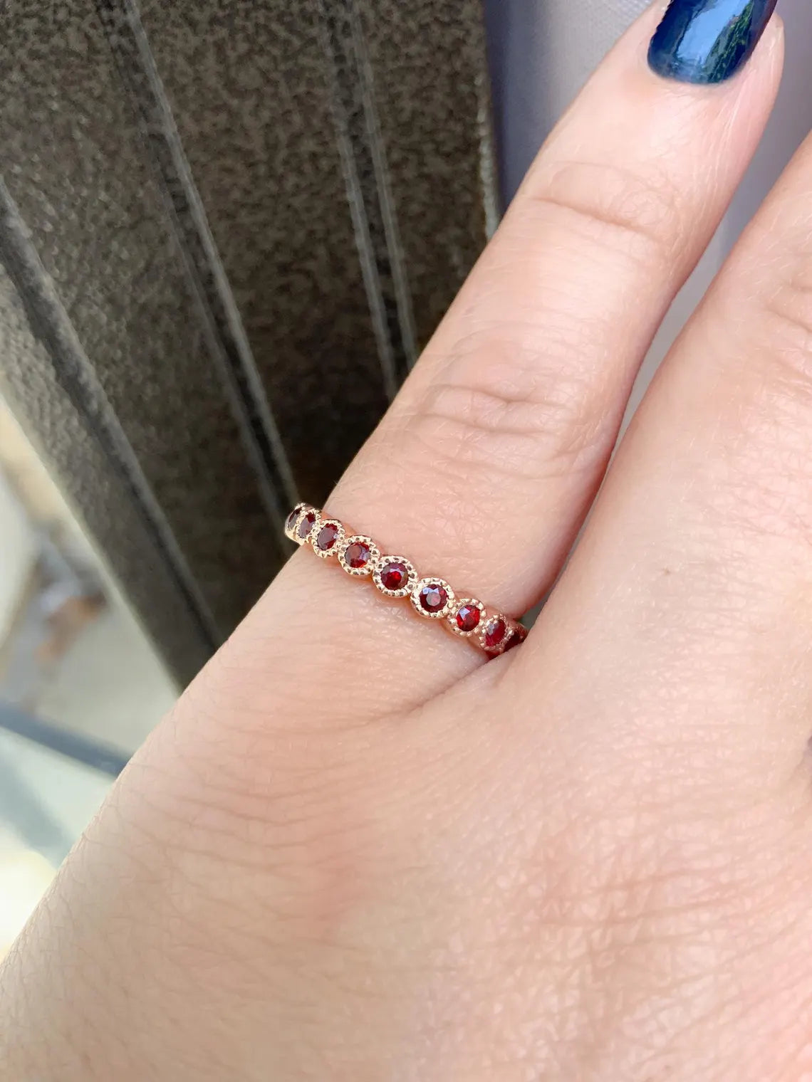Solid Gold Garnet Stacking Ring - 3mm Milgrain Bezel Half Eternity Band (January Birthstone)