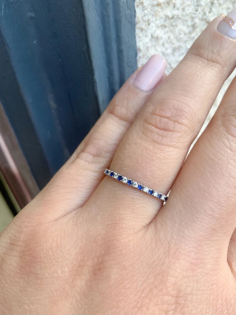 Diamond Blue Sapphire Pave Band/ 1.5mm Half Eternity Alternating Sapphire Diamond Stack Ring/ 2 Birthstone Anniversary Ring/ Mother Day Gift