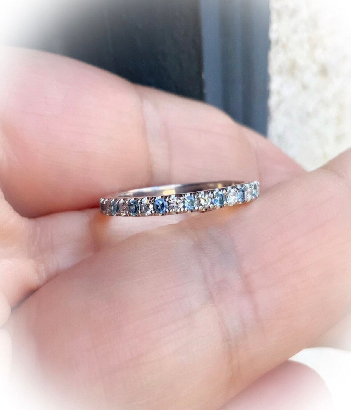 Aquamarine Diamond Alternating Band/ 2mm Pave Full Eternity Ring/ Diamond Aquamarine Infinity Wedding Band/ 2 Birthstone March April Stack