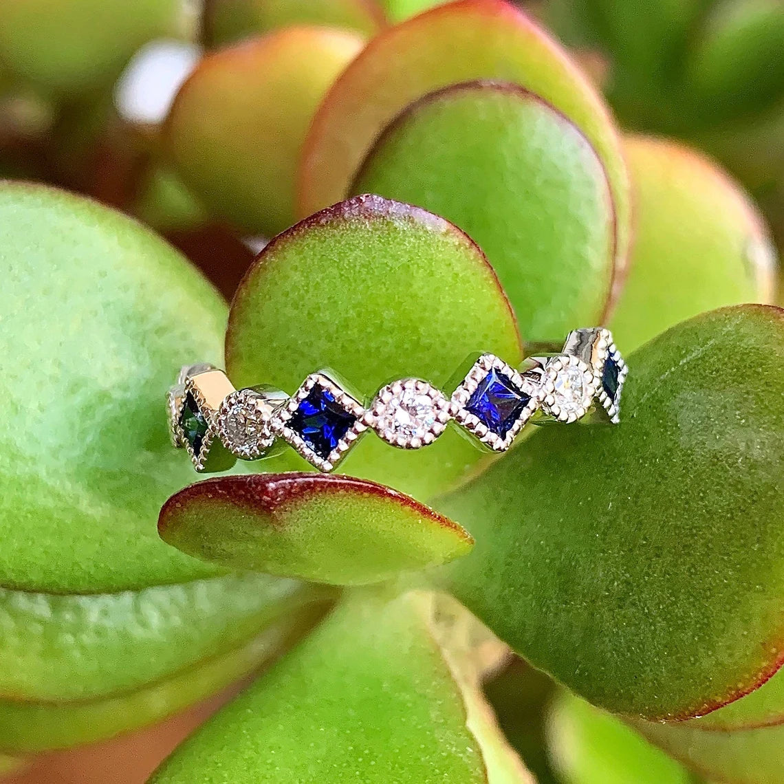 Blue Sapphire Diamond Band/ Alternating Half Eternity 3mm Ring/ Round Diamond Bezel Princess Cut Sapphire Wedding Band/ Art Deco Milgrain