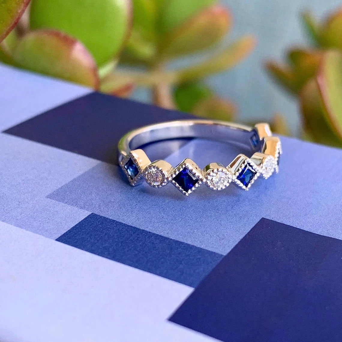 Blue Sapphire Diamond Band/ Alternating Half Eternity 3mm Ring/ Round Diamond Bezel Princess Cut Sapphire Wedding Band/ Art Deco Milgrain
