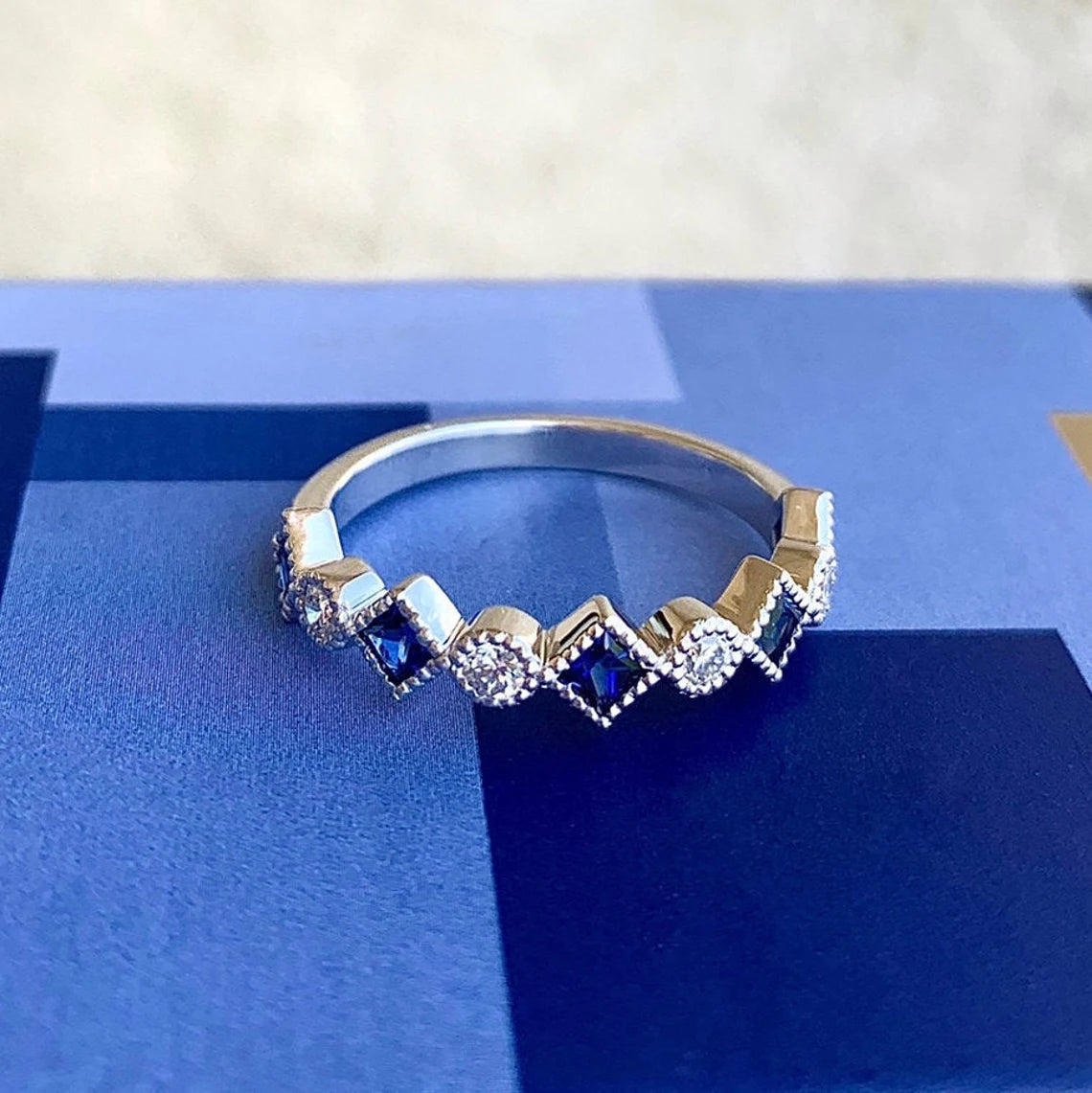 Blue Sapphire Diamond Band/ Alternating Half Eternity 3mm Ring/ Round Diamond Bezel Princess Cut Sapphire Wedding Band/ Art Deco Milgrain