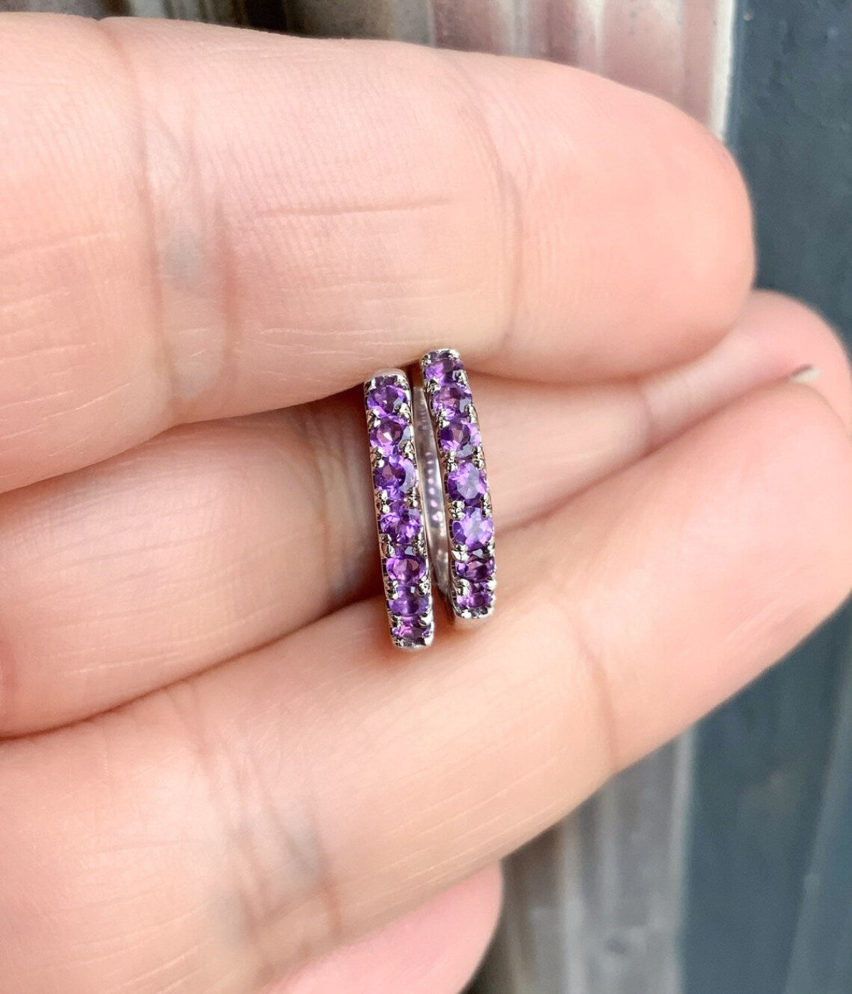 Amethyst Hoop Earring/ 2.3mm Pave Amethyst Huggie/ 15mm Amethyst Birthstone Hoop SINGLE or PAIR/ Gemstone Round Earring/ Gold or Platinum
