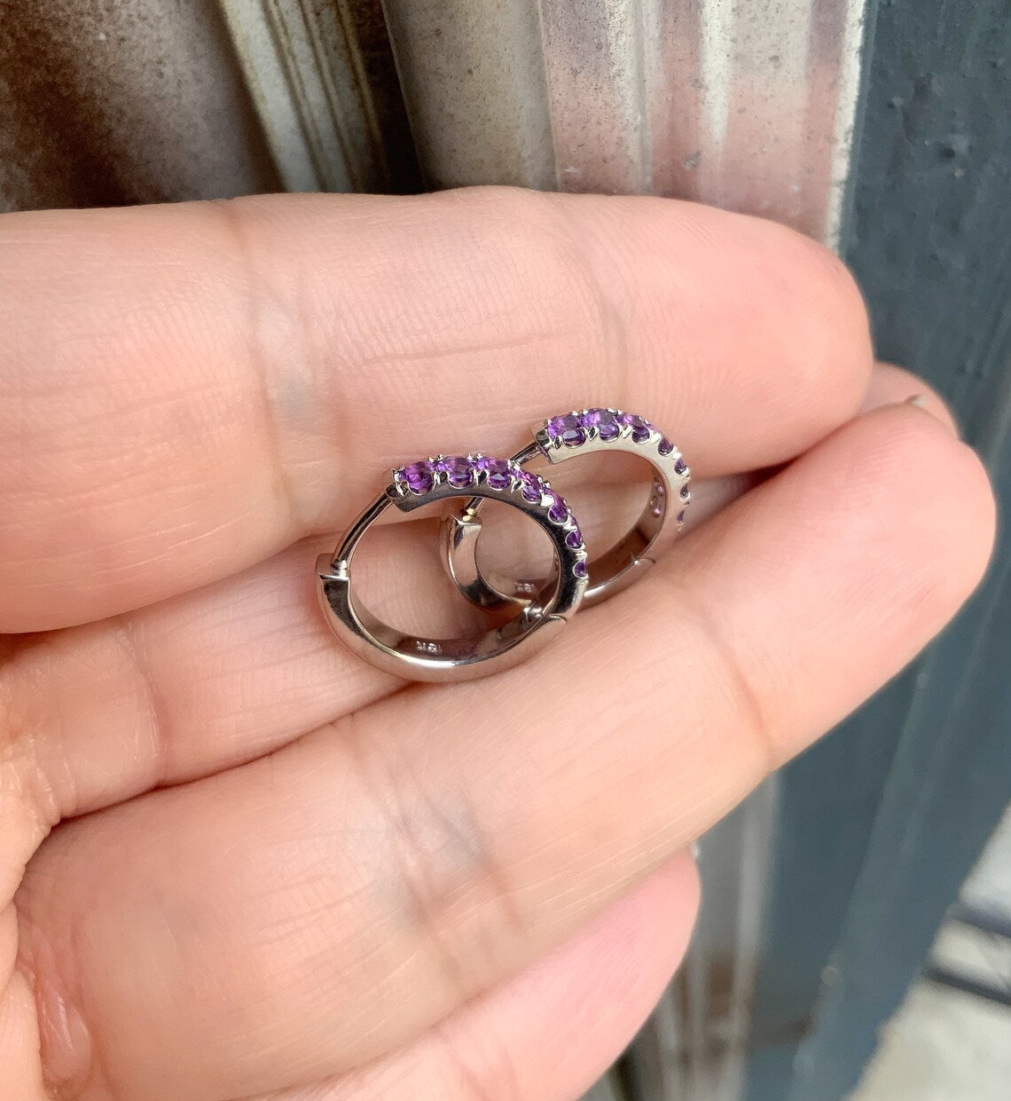 Amethyst Hoop Earring/ 2.3mm Pave Amethyst Huggie/ 15mm Amethyst Birthstone Hoop SINGLE or PAIR/ Gemstone Round Earring/ Gold or Platinum