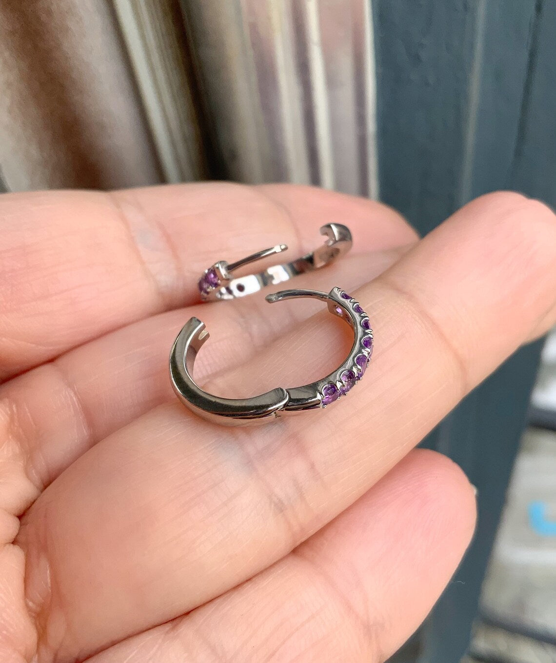 Amethyst Hoop Earring/ 2.3mm Pave Amethyst Huggie/ 15mm Amethyst Birthstone Hoop SINGLE or PAIR/ Gemstone Round Earring/ Gold or Platinum