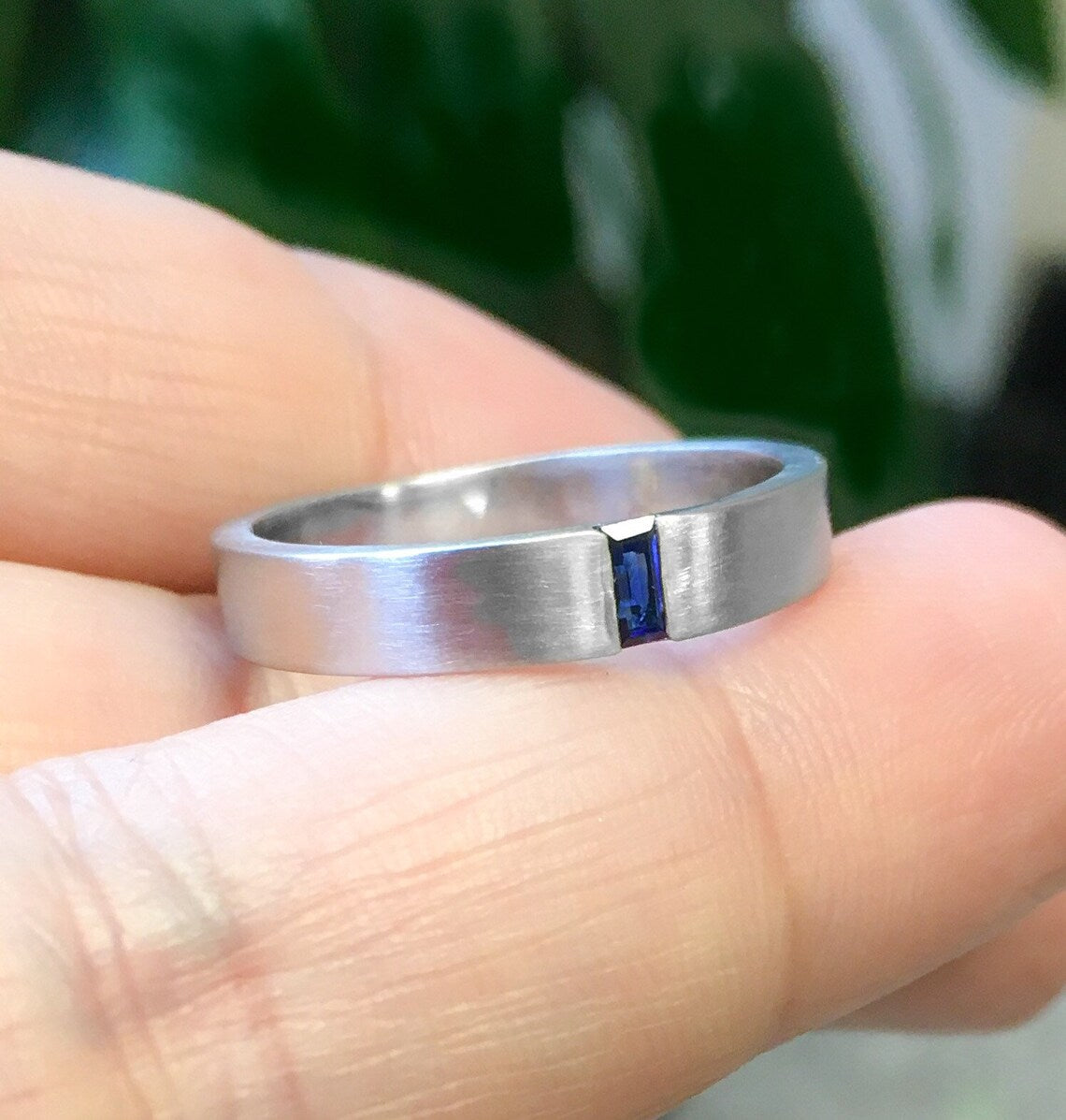 Baguette Blue Sapphire Mens Wedding Band/ 4mm Matte Finished His & Hers Ring/ Unique Flush Set Sapphire Unisex Ring/ 10K 14K 18K or Platinum