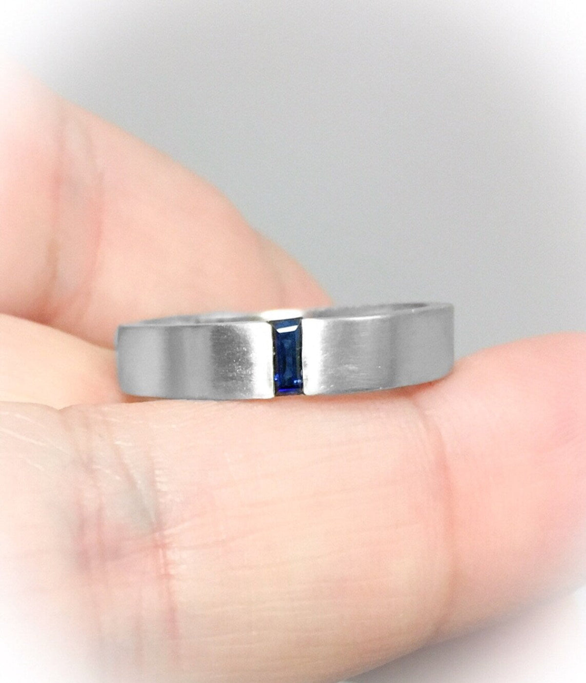 Baguette Blue Sapphire Mens Wedding Band/ 4mm Matte Finished His & Hers Ring/ Unique Flush Set Sapphire Unisex Ring/ 10K 14K 18K or Platinum