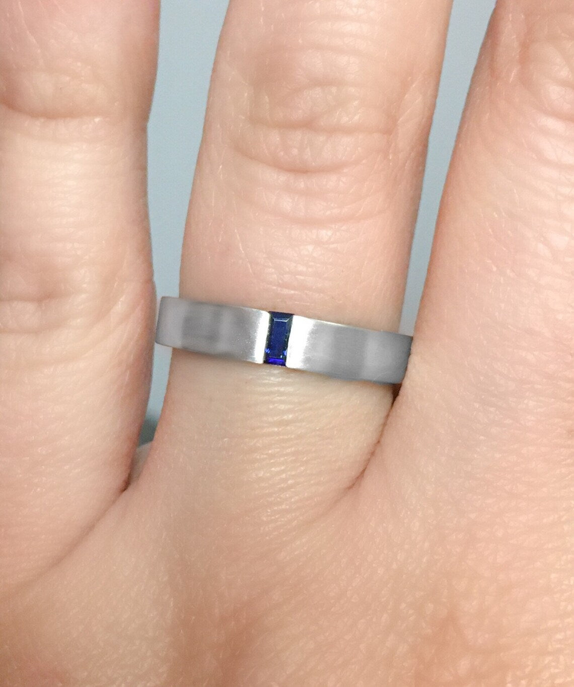 Baguette Blue Sapphire Mens Wedding Band/ 4mm Matte Finished His & Hers Ring/ Unique Flush Set Sapphire Unisex Ring/ 10K 14K 18K or Platinum