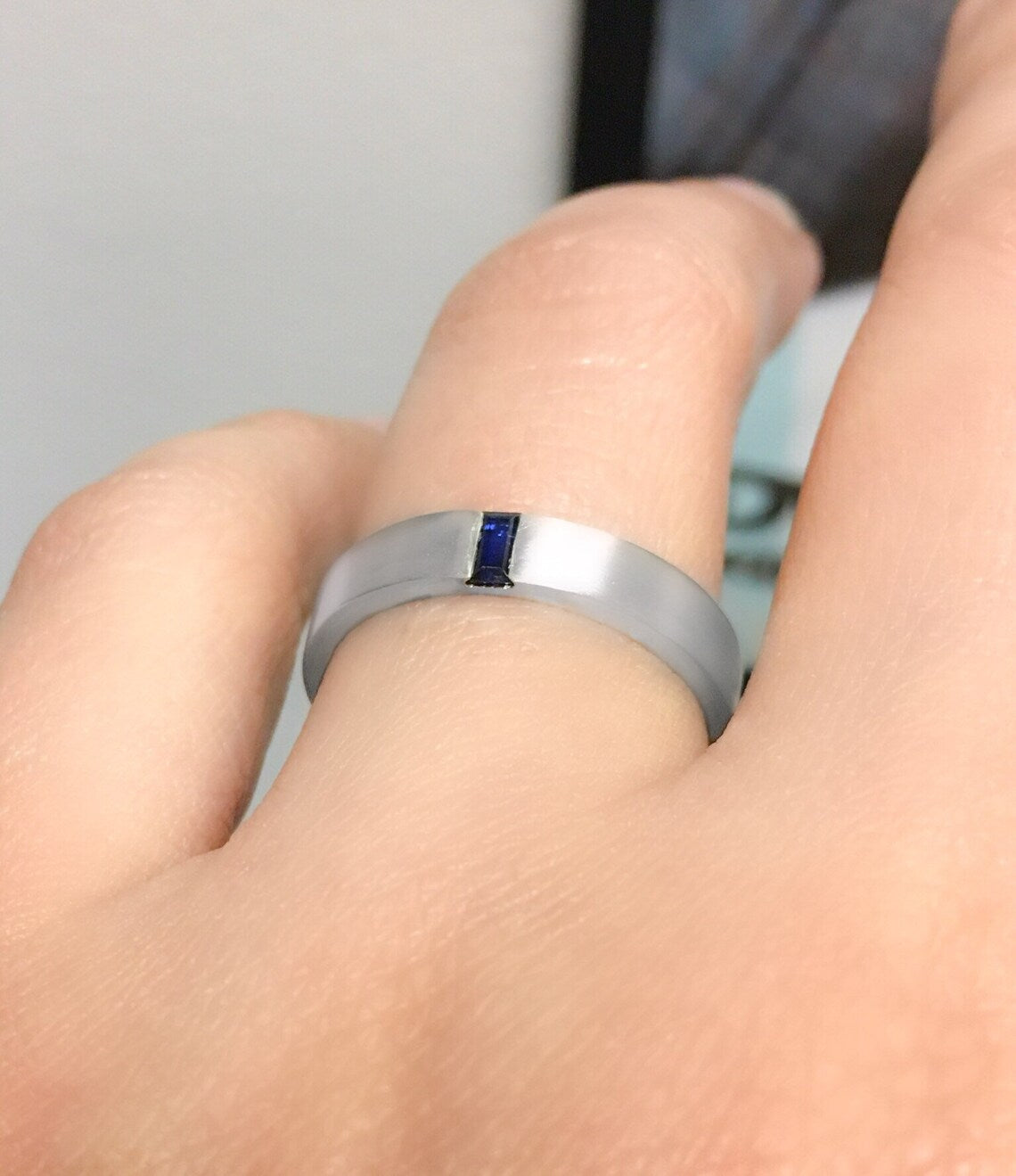 Baguette Blue Sapphire Mens Wedding Band/ 4mm Matte Finished His & Hers Ring/ Unique Flush Set Sapphire Unisex Ring/ 10K 14K 18K or Platinum